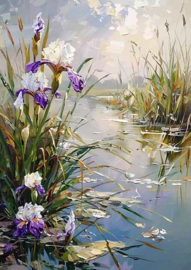 Iris Flowers in Water Painting