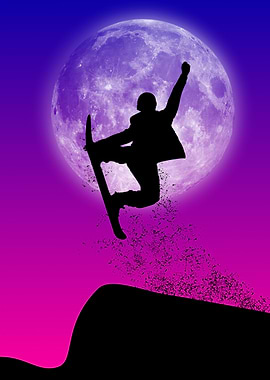 Snowboarder Silhouette Against a Full Moon