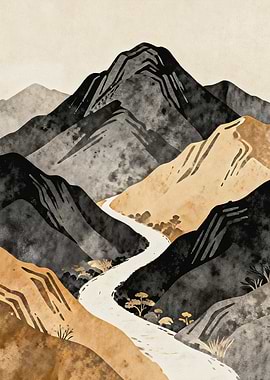 JAPANDI Mountain Pass Abstract Ink Landscape Art
