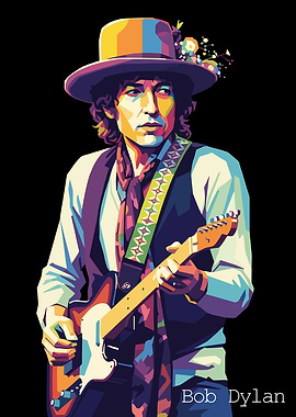 Bob Dylan Colorful Portrait with Guitar