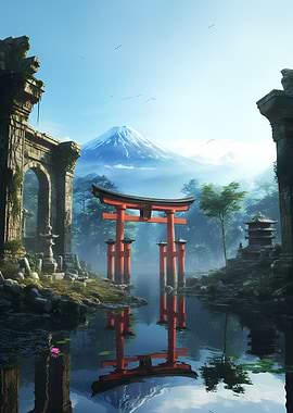 Mount Fuji and Torii Gate Reflection