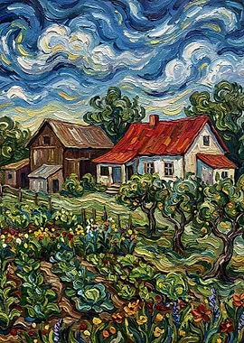 Impressionistic Farmhouse Landscape Painting