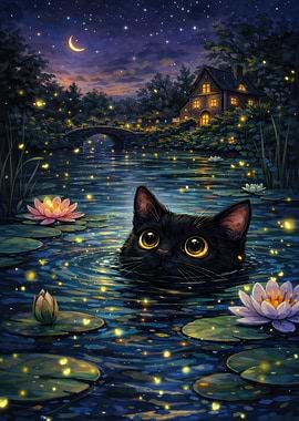 Black Cat in Lily Pond at Night
