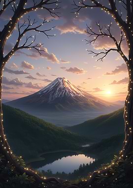 Mount Fuji framed by trees at sunset