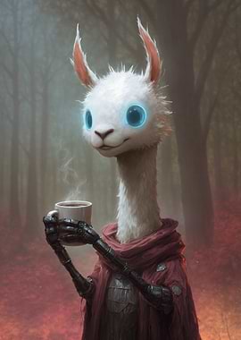 Llama with Robotic Arms Drinking Coffee