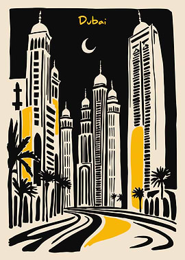 Dubai Skyline at Night Illustration