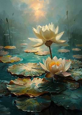 Water Lilies in a Pond Painting