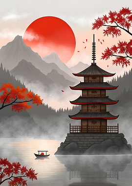 Japanese Pagoda with Red Sun