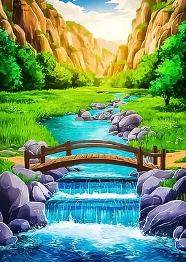 Scenic River Landscape with Wooden Bridge