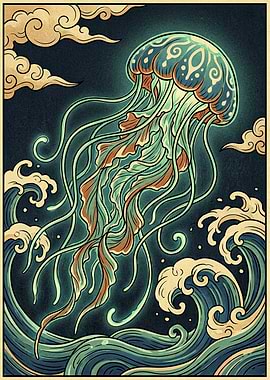 Jellyfish in Ocean Waves Illustration