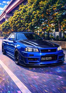 Blue Nissan Skyline R34 on Road