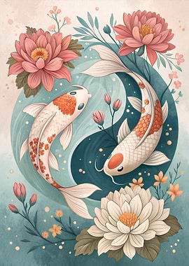 Yin Yang Koi Fish Floral Art