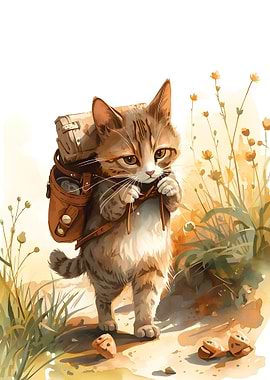 Adventurous Cat with Backpack Watercolor Painting