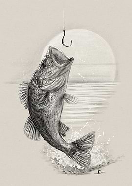 Bass Fish Jumping for Hook Drawing