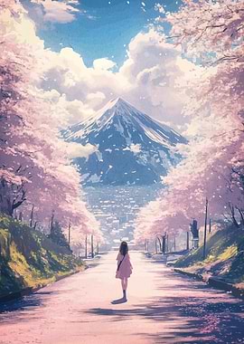 Anime Girl Walking Towards Mount Fuji
