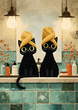 Two Cats with Towels on Heads