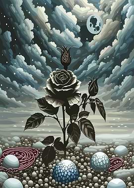 Monochrome Rose Under Cloudy Moonlit Sky