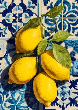 Lemons on Blue Tile Still Life