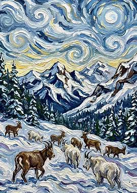 Mountain Goats in Snowy Landscape Painting