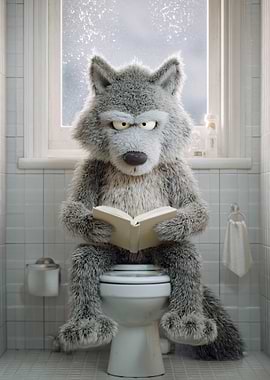 Wolf Reading on Toilet