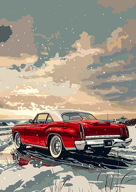Red Classic Car in Winter Landscape
