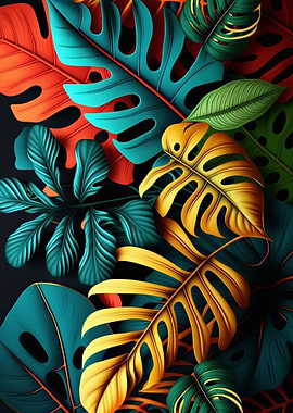 Colorful Tropical Leaves on Dark Background