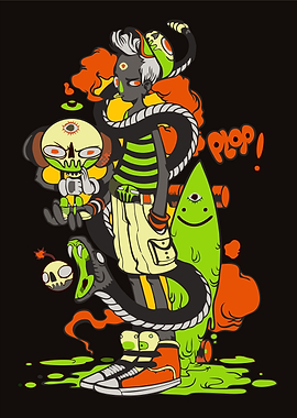 Cartoon Character with Skull and Snake