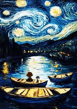 Peanuts characters in Starry Night