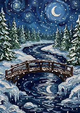Winter Night Landscape with Bridge Painting