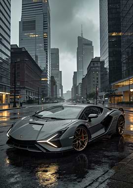 Lamborghini Sian on Rainy City Street