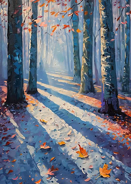 Autumn Forest Painting with Sunlight