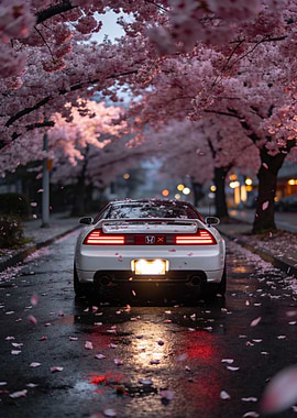 White Honda NSX under Cherry Blossoms