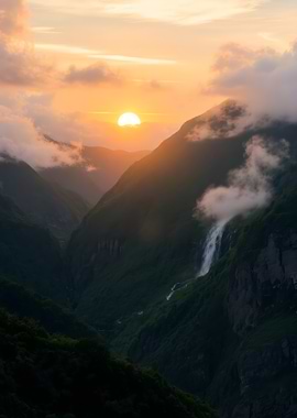 Mountain Waterfall at Sunset