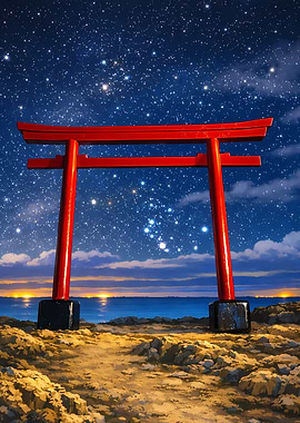 Torii Gate Under Starry Night Sky