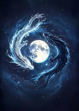 Yin Yang Dragons with Moon