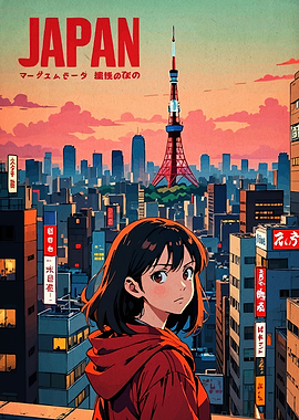 Anime Girl in Tokyo Cityscape
