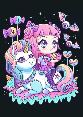 Pastel Goth Girl Riding Unicorn