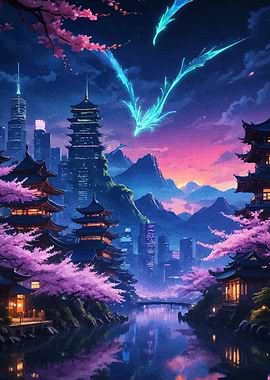 Japanese cityscape dragon and cherry blossoms