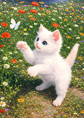 White Kitten Playing with Butterfly