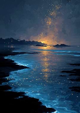 Nighttime Beach with Bioluminescence