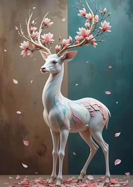 White Celestial Deer with Pink Magnolia Flower Antlers Fantasy Art