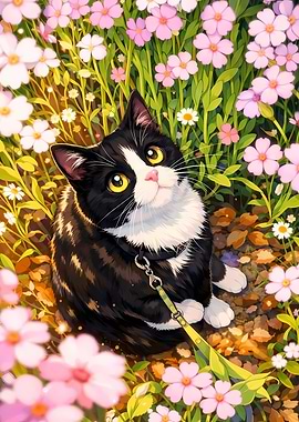 Cat in a field of flowers