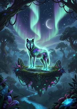 Glowing Wolf Under Aurora Borealis