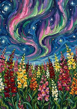 Floral Field Under Aurora Borealis Painting