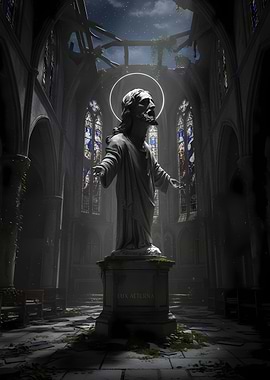 Jesus Statue in Ruined Church