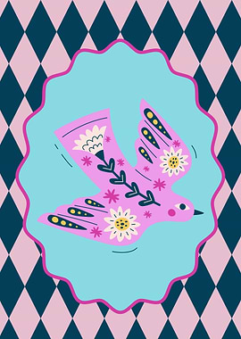 Stylized Bird Illustration with Floral Accents