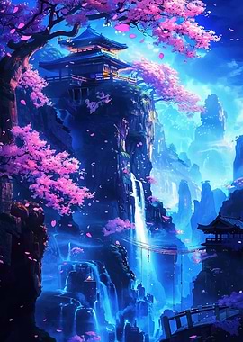 Japanese Temple with Cherry Blossoms