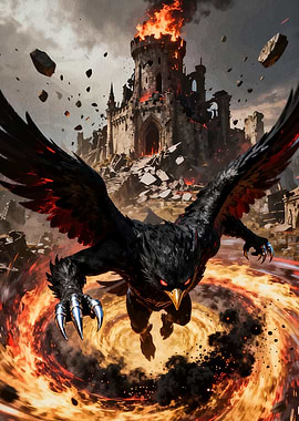 Black Griffin Flying Over Burning Castle