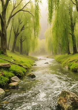 Serene River Through Willow Tree Forest