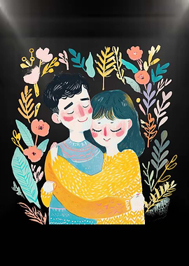 Couple embracing in floral frame illustration